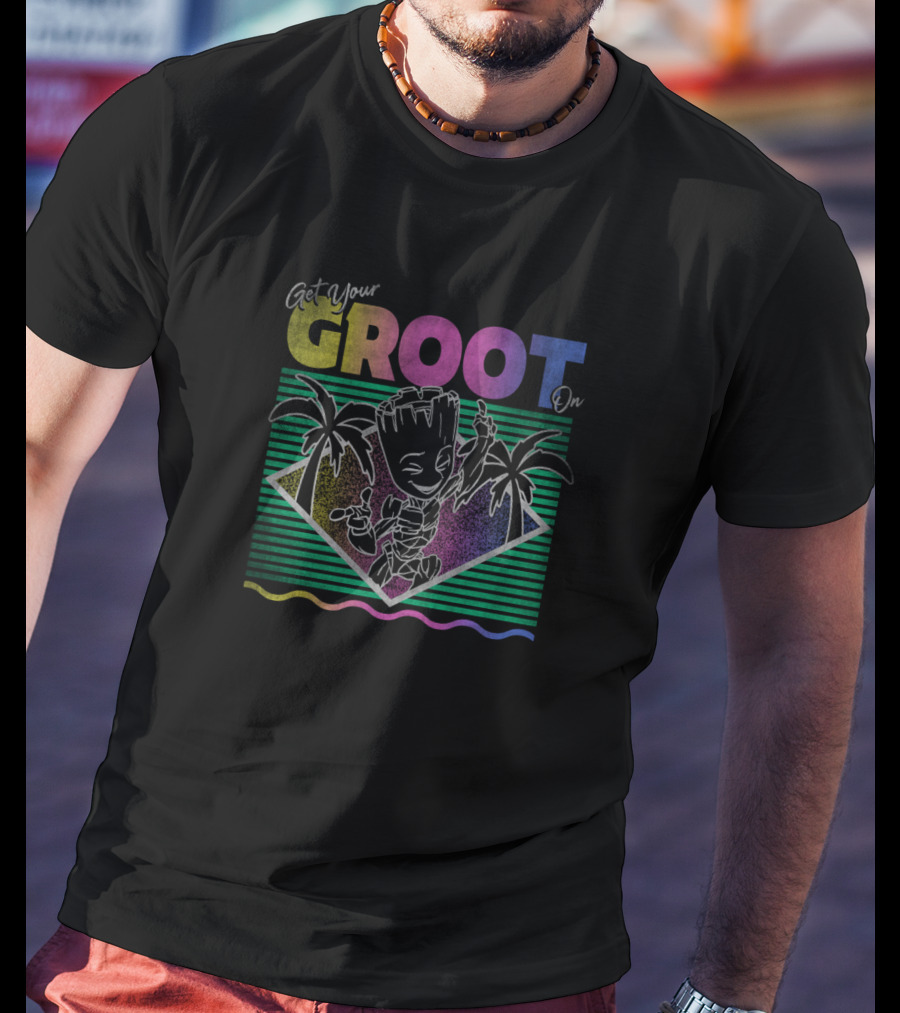 Marvel Guardians Of The Galaxy Get Your Groot On Retro Neon Palm Trees T-Shirt