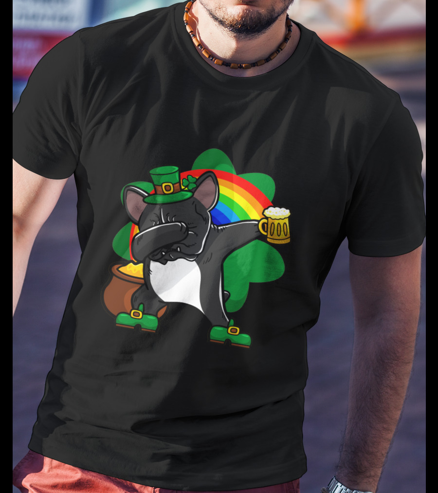 French Bulldog Dabbing Shamrock Rainbow St Patrick's Day T-Shirt