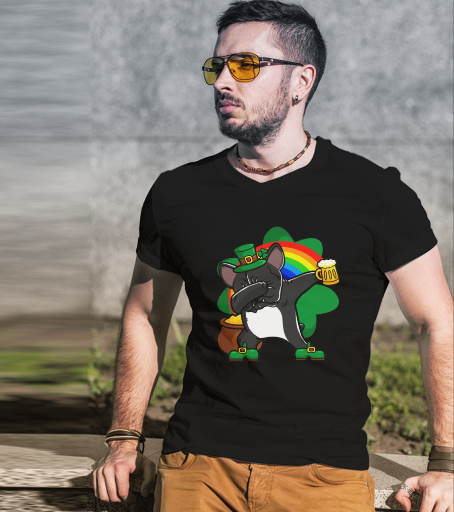 French Bulldog Dabbing Shamrock Rainbow St Patrick's Day T-Shirt