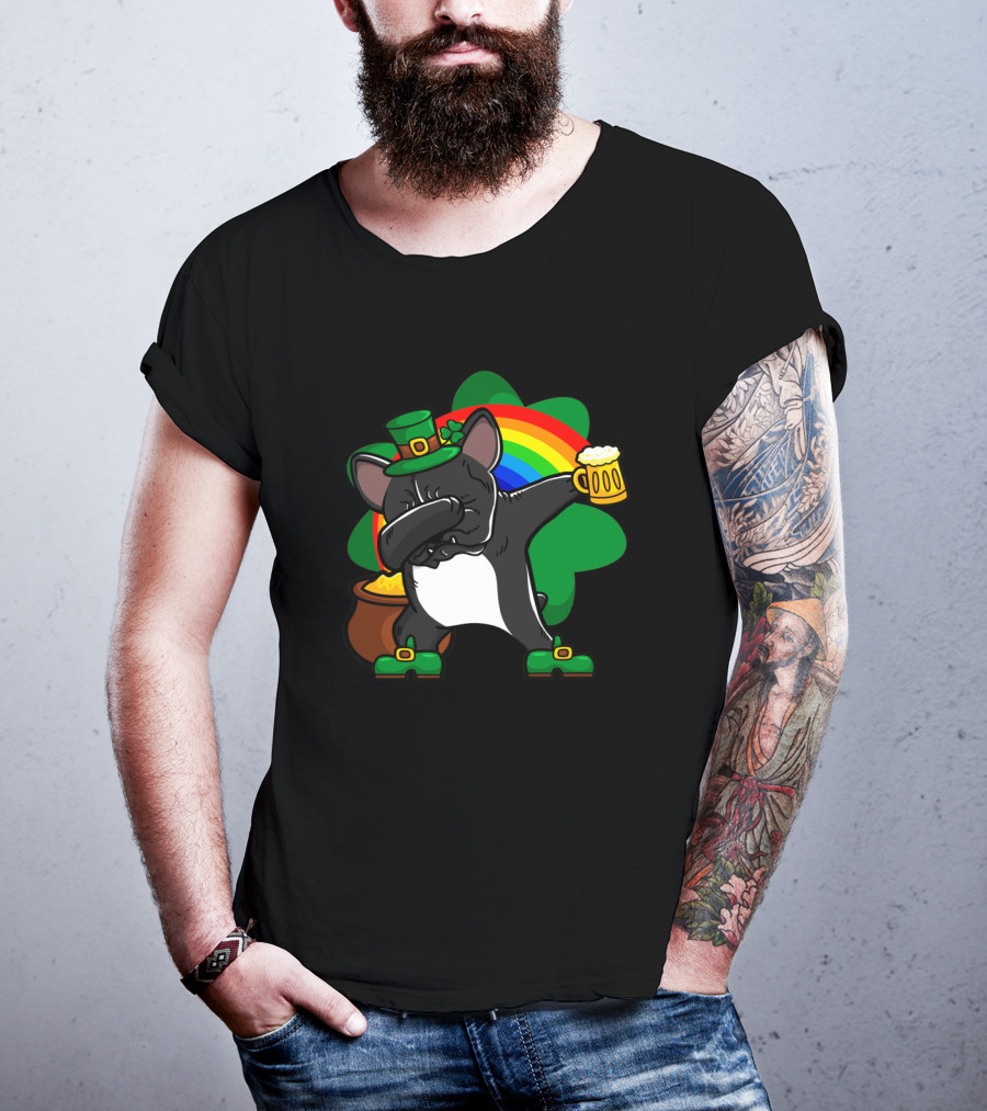 French Bulldog Dabbing Shamrock Rainbow St Patrick's Day T-Shirt