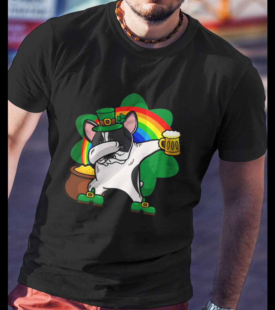 Dabbing Pied French Bulldog St Patrick's Day Rainbow Clover Beer Pot Of Gold T-Shirt