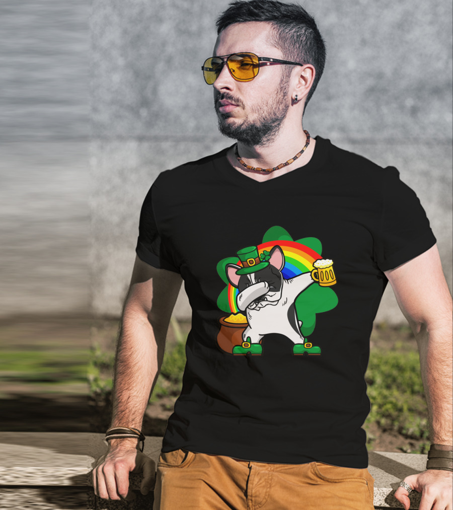 Dabbing Pied French Bulldog St Patrick's Day Rainbow Clover Beer Pot Of Gold T-Shirt