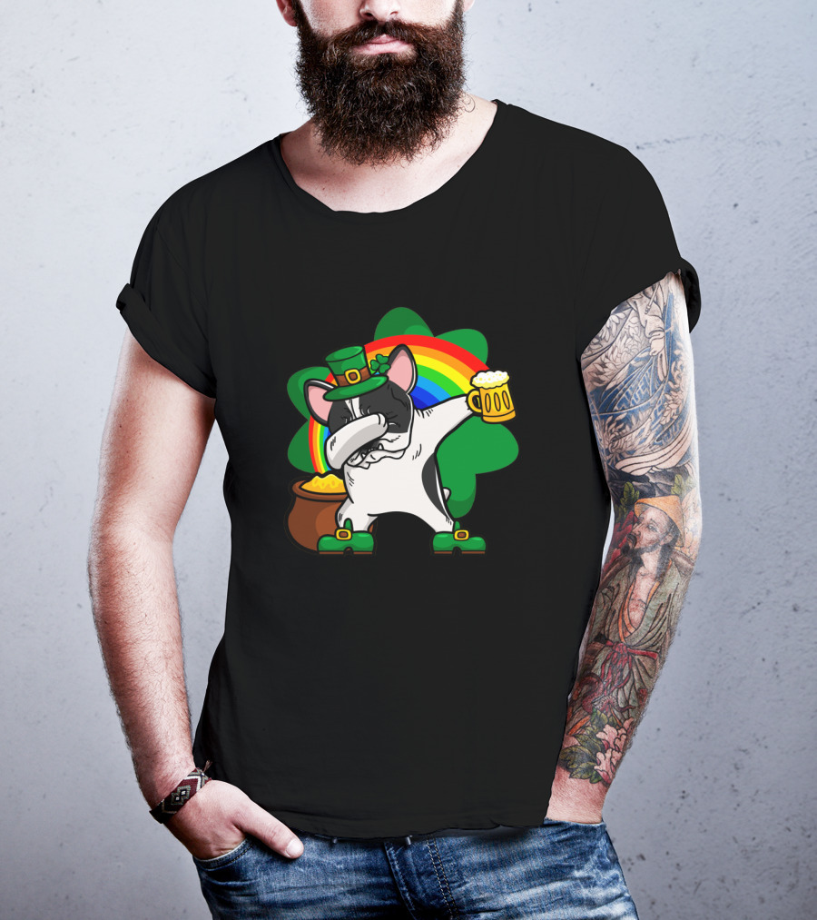 Dabbing Pied French Bulldog St Patrick's Day Rainbow Clover Beer Pot Of Gold T-Shirt