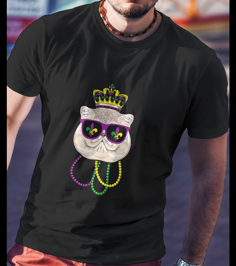 Mardi Gras Cat Wearing Crown, Sunglasses With Fleur-de-Lis, And Colorful Beads T-Shirt