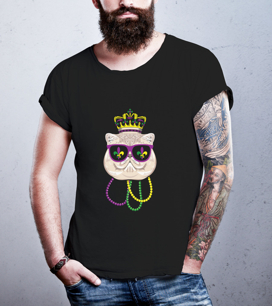 Mardi Gras Cat Wearing Crown, Sunglasses With Fleur-de-Lis, And Colorful Beads T-Shirt