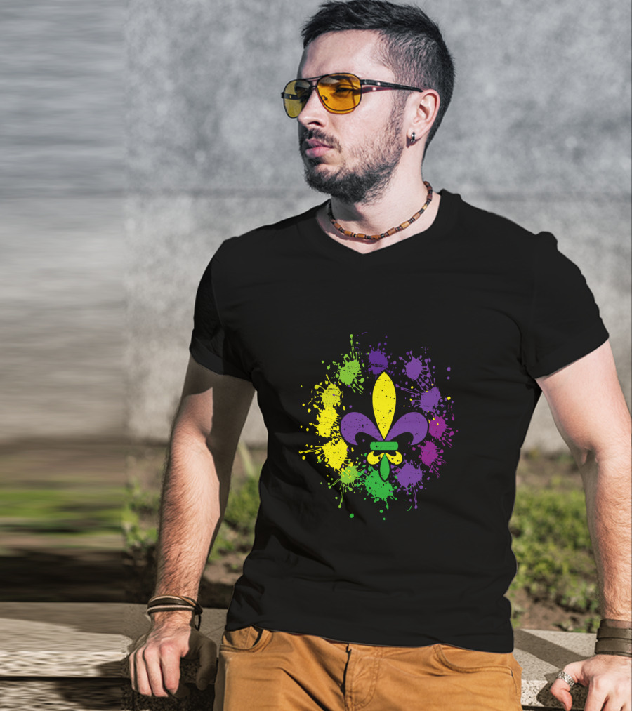 Fleur De Lis Mardi Gras Colors Paint Splatter Vintage T-Shirt