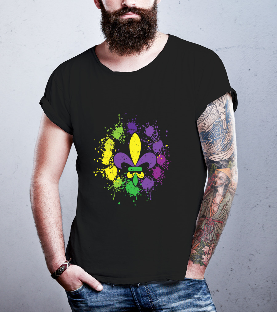 Fleur De Lis Mardi Gras Colors Paint Splatter Vintage T-Shirt