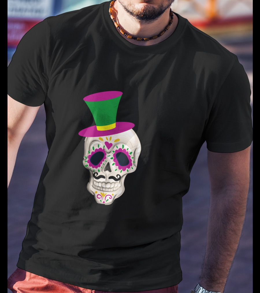 Mardi Gras Day Colorful Male Skull With Green And Pink Hat T-Shirt