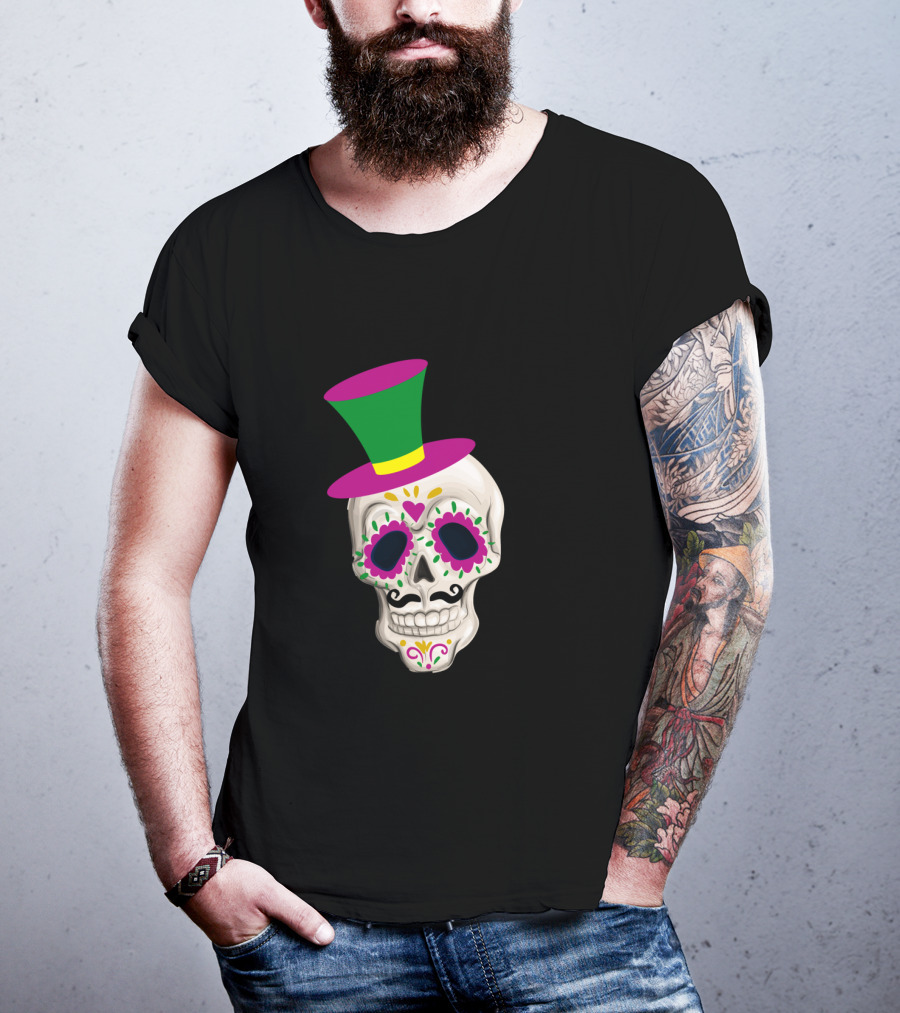 Mardi Gras Day Colorful Male Skull With Green And Pink Hat T-Shirt