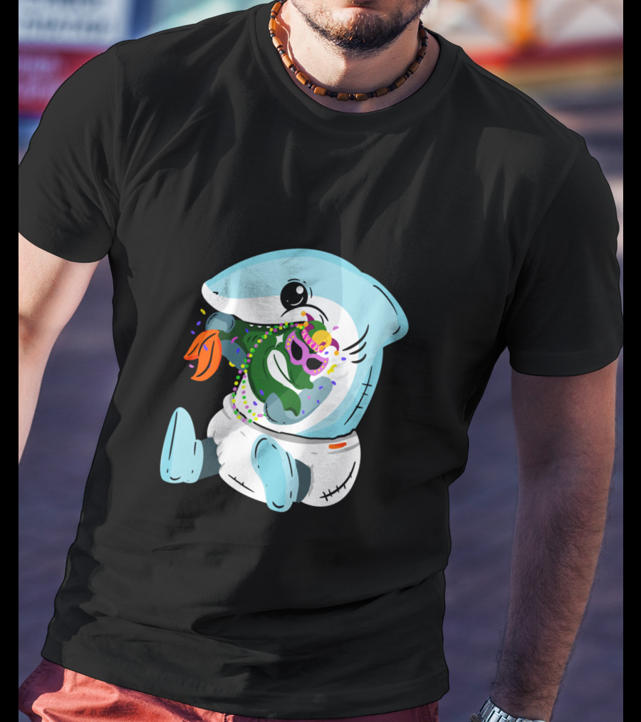 Mardi Gras Shark Baby Eating Bead-Covered Fish T-Shirt
