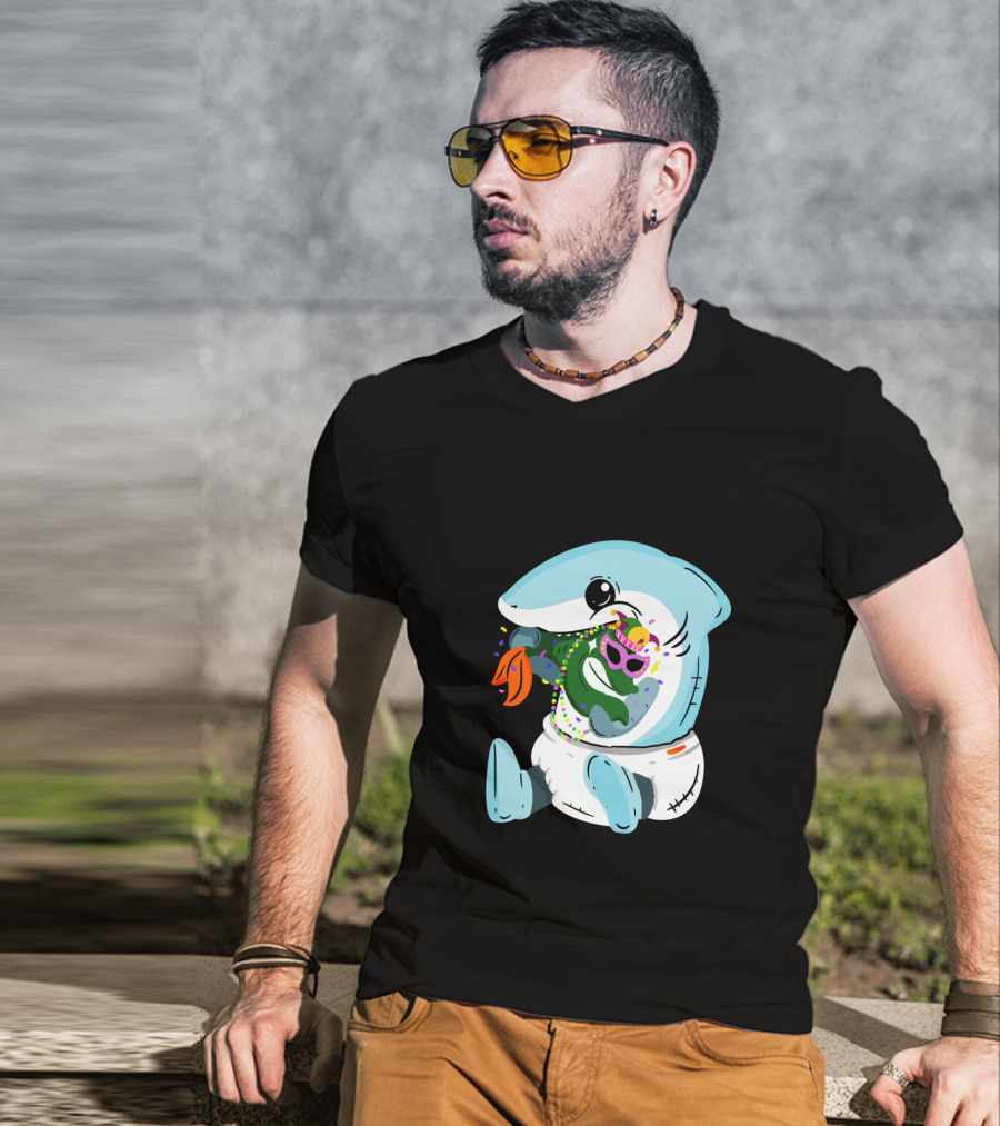 Mardi Gras Shark Baby Eating Bead-Covered Fish T-Shirt