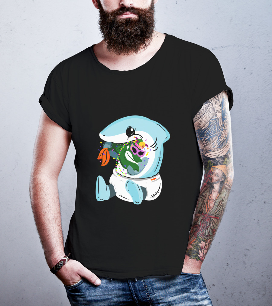 Mardi Gras Shark Baby Eating Bead-Covered Fish T-Shirt