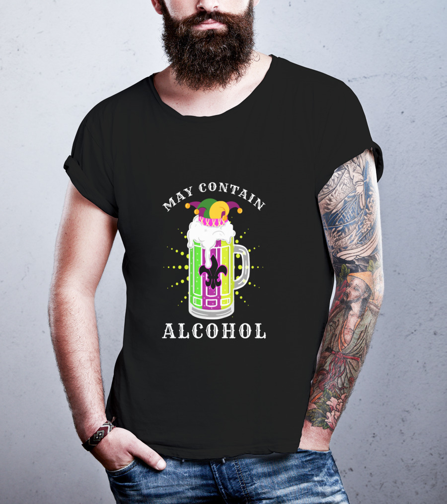 May Contain Alcohol Mardi Gras Jester Hat Beer Mug Fleur-de-Lis T-Shirt