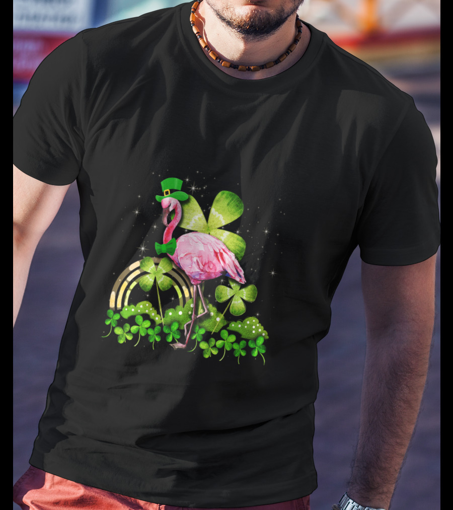 Flamingo St Patrick Day Shamrocks Leprechaun Rainbow Bowtie Sparkles T-Shirt