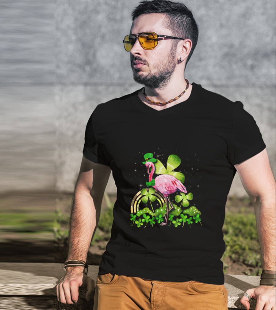 Flamingo St Patrick Day Shamrocks Leprechaun Rainbow Bowtie Sparkles T-Shirt