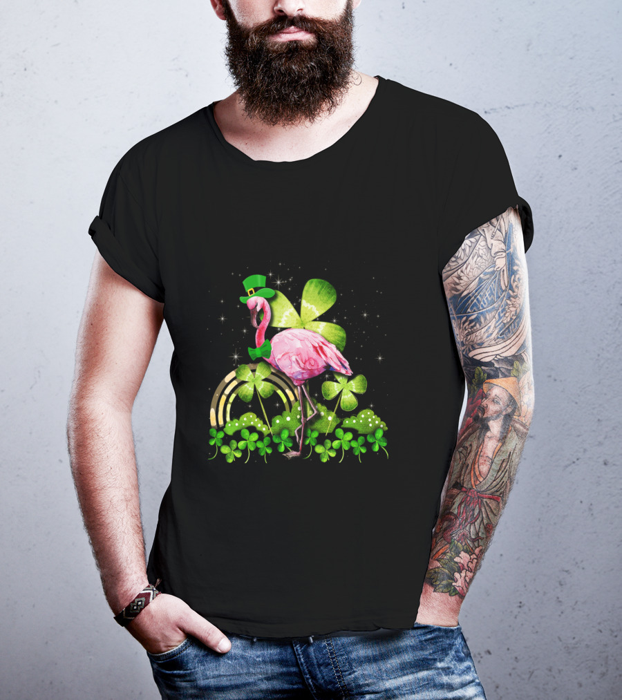Flamingo St Patrick Day Shamrocks Leprechaun Rainbow Bowtie Sparkles T-Shirt