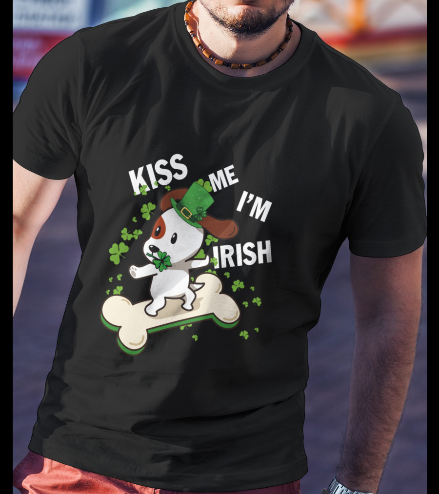 Kiss Me I'm Irish Jack Russell Dog With Lucky Shamrock And Hat On Bone T-Shirt