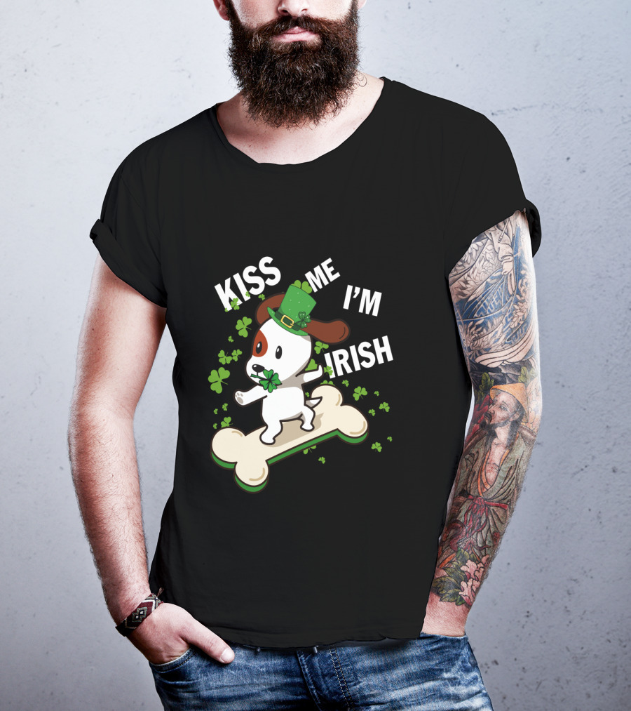 Kiss Me I'm Irish Jack Russell Dog With Lucky Shamrock And Hat On Bone T-Shirt