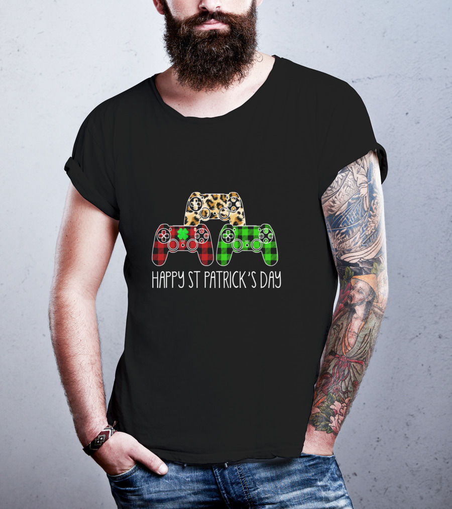 Happy St Patrick's Day Leopard Buffalo Plaid Video Games Gamer T-Shirt