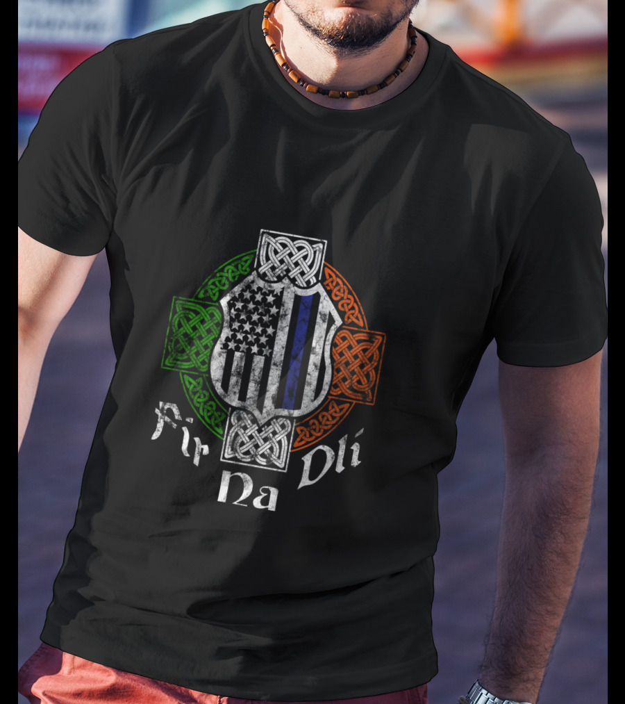Fir Na Dli Thin Blue Line Celtic Cross Irish Police T-Shirt