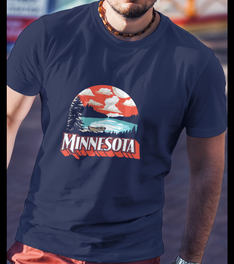 Minnesota Boat On Scenic Vintage Lake With Forest And Sunset Sky T-Shirt