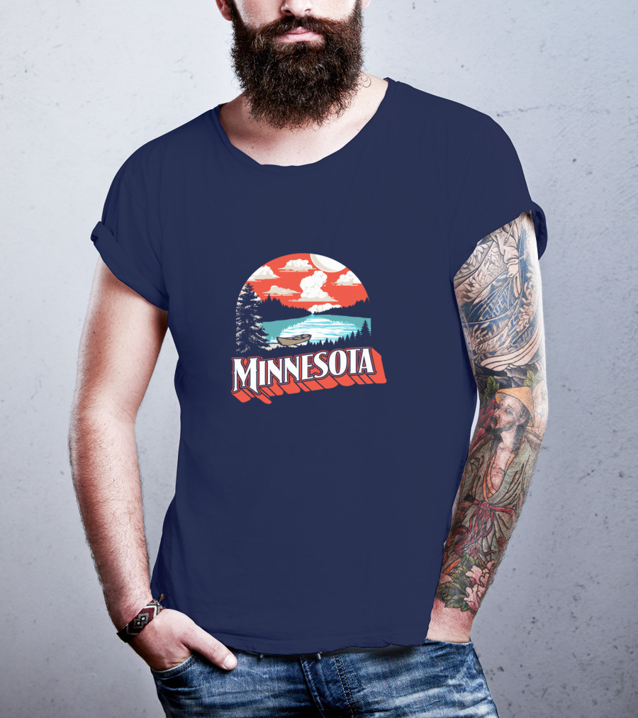 Minnesota Boat On Scenic Vintage Lake With Forest And Sunset Sky T-Shirt