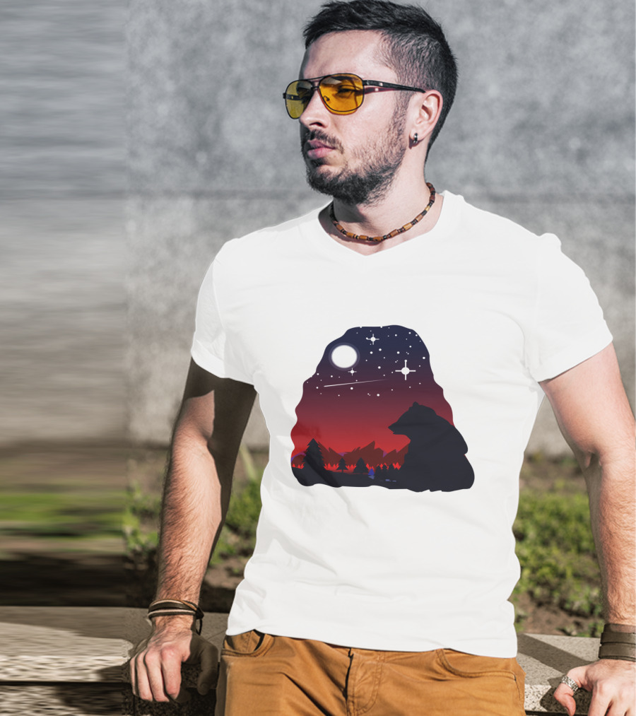 Bear Wildlife Animal Stargazing In Mountain Night Scene T-Shirt
