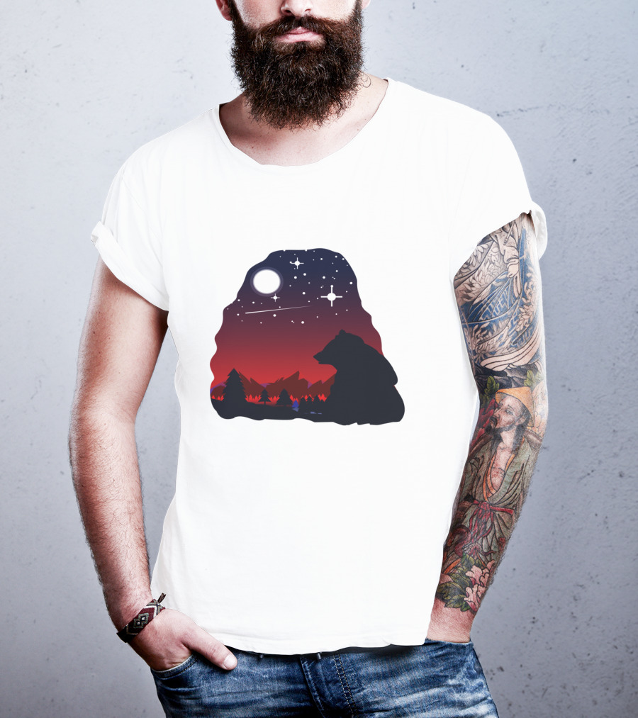 Bear Wildlife Animal Stargazing In Mountain Night Scene T-Shirt