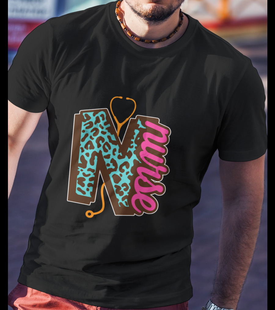 Nurse Leopard Print Stethoscope Lettering T-Shirt