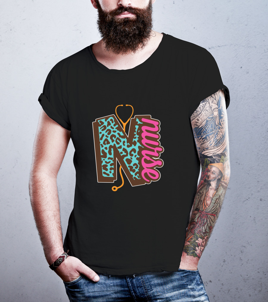Nurse Leopard Print Stethoscope Lettering T-Shirt
