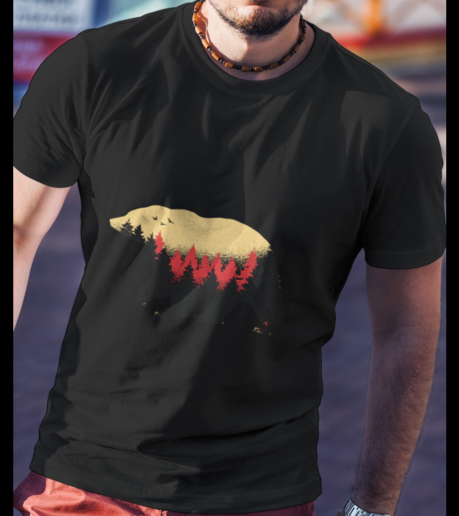 Wildlife Bear And Forest Silhouette With Trees And Birds T-Shirt