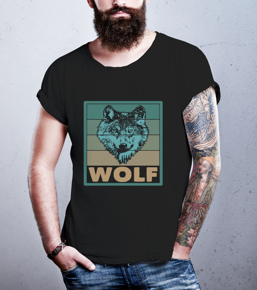 Wolf Wildlife Retro Striped T-Shirt