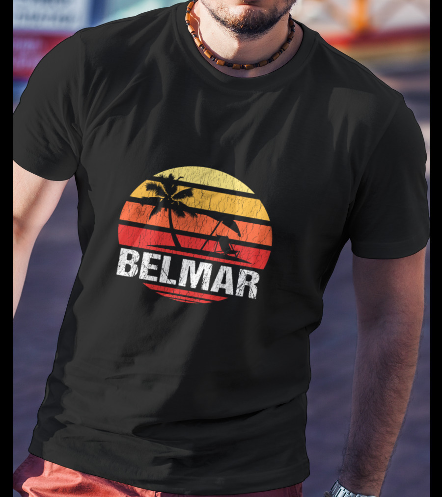 Belmar New Jersey Beach Palm Tree Sunset Vintage Surfing Scene T-Shirt