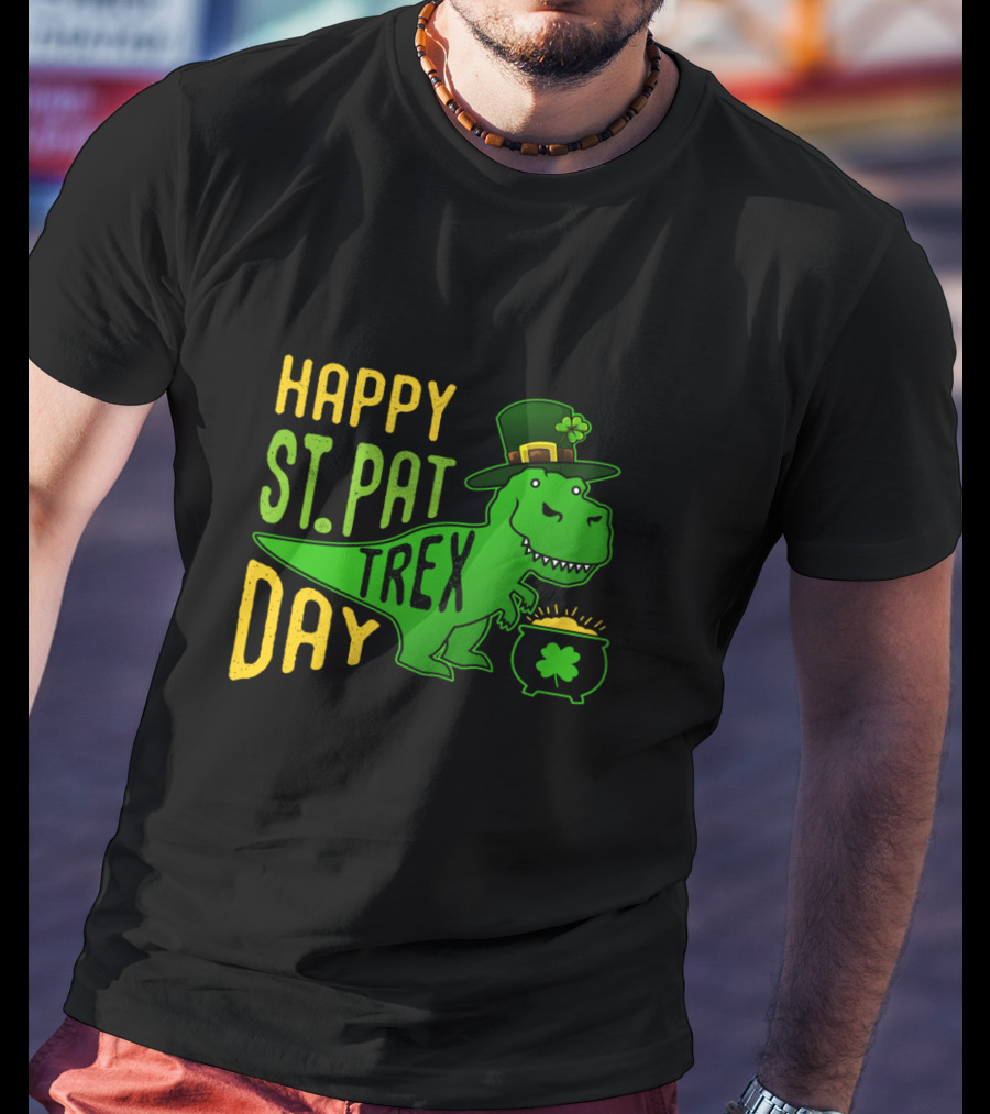 Happy St Pat Day T-Rex Dinosaur With Hat And Pot Of Gold T-Shirt