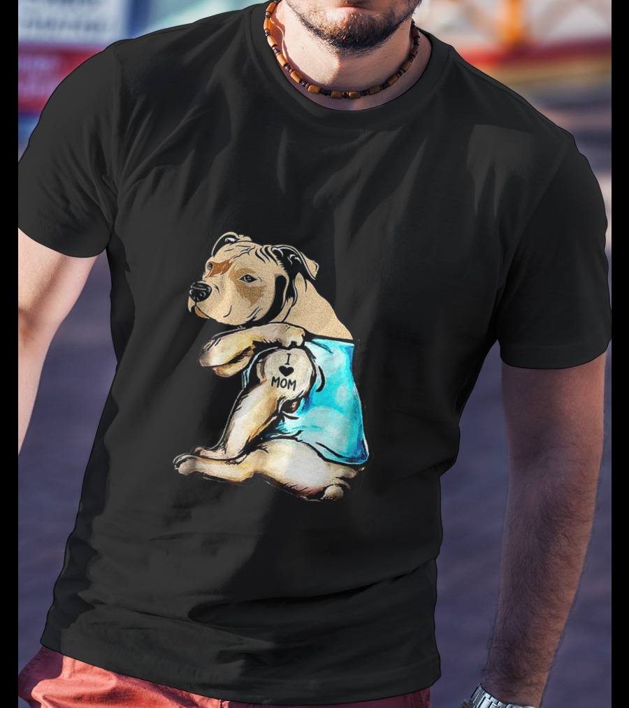 Pit Bull I Love Mom Tattooed Dog In Blue T-Shirt