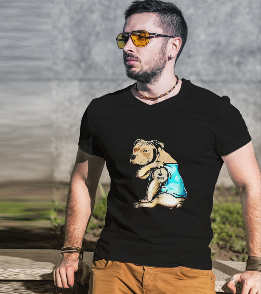 Pit Bull I Love Mom Tattooed Dog In Blue T-Shirt