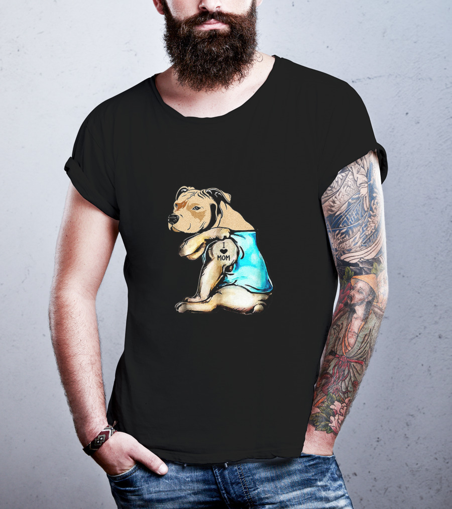 Pit Bull I Love Mom Tattooed Dog In Blue T-Shirt
