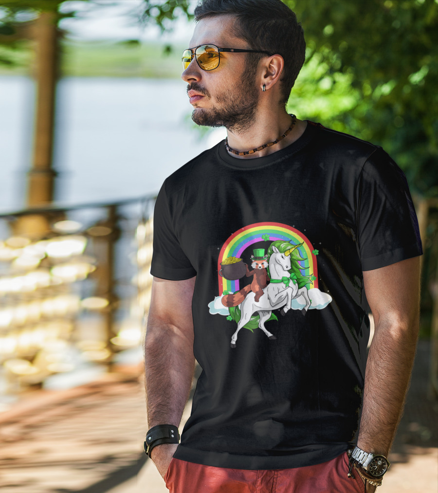 Red Panda Holding Gold On Lepricorn Unicorn With Rainbow T-Shirt