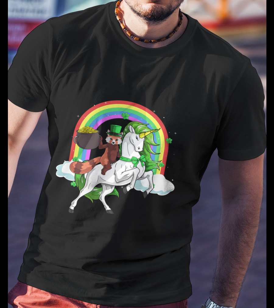Red Panda Holding Gold On Lepricorn Unicorn With Rainbow T-Shirt