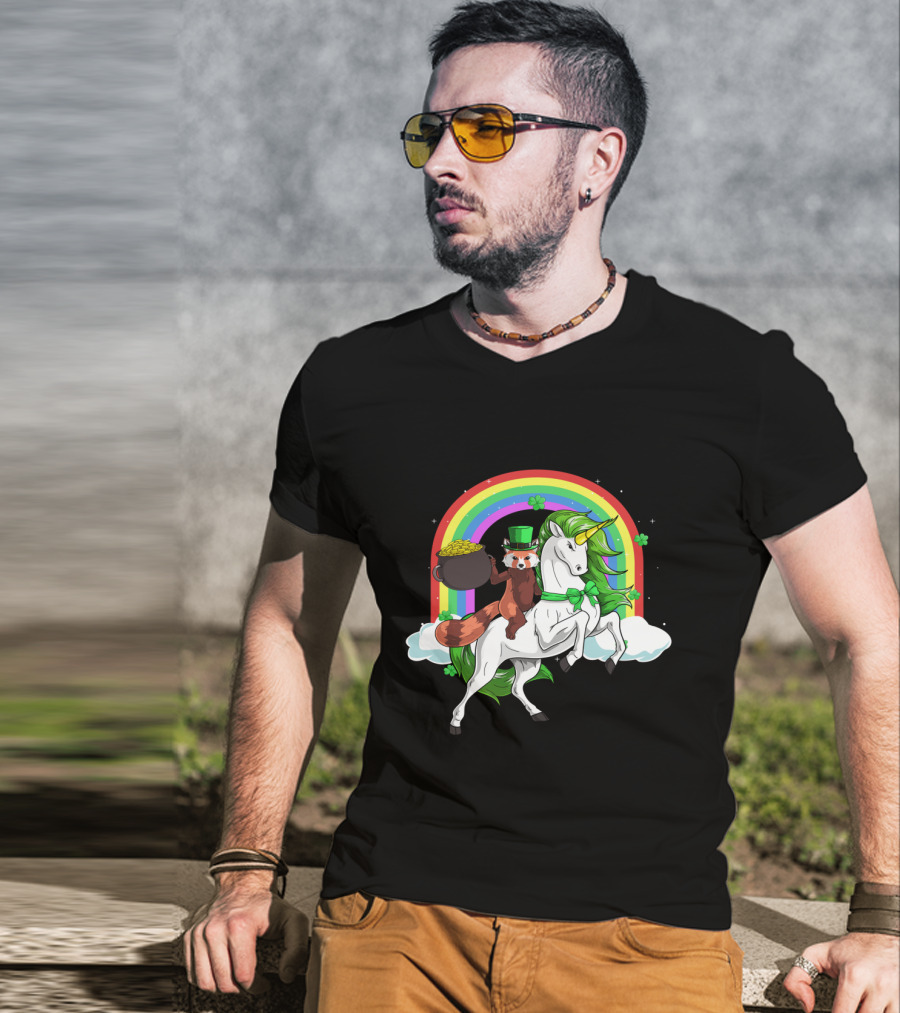 Red Panda Holding Gold On Lepricorn Unicorn With Rainbow T-Shirt