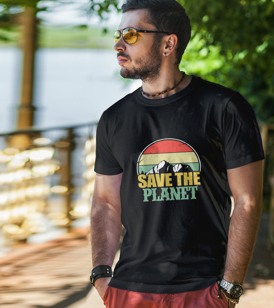 Save The Planet Earth Day Mountain Vintage Retro Sunset T-Shirt
