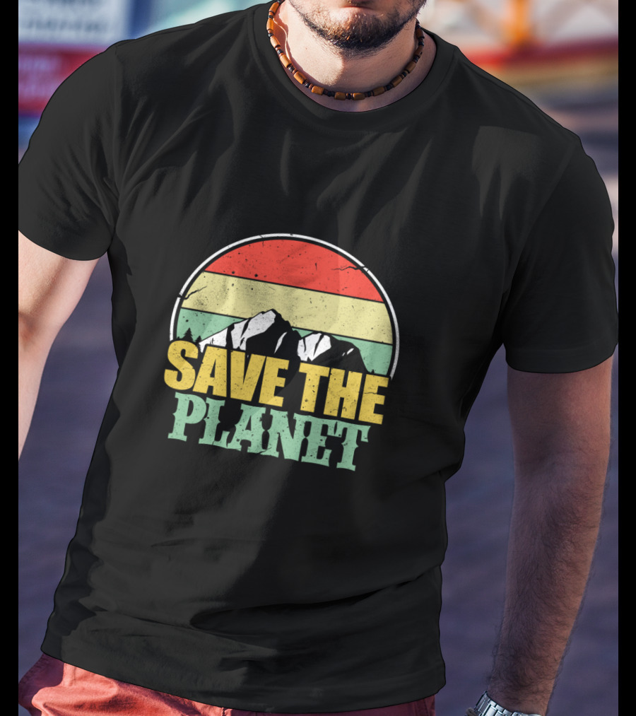 Save The Planet Earth Day Mountain Vintage Retro Sunset T-Shirt