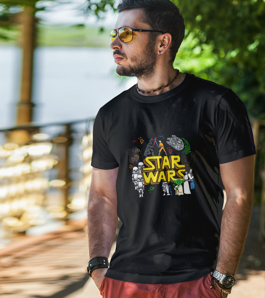 Star Wars Colorful Multi Character Doodle Millennium Falcon Darth Vader Yoda R2-D2 Stormtroopers T-Shirt