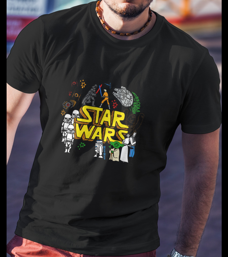 Star Wars Colorful Multi Character Doodle Millennium Falcon Darth Vader Yoda R2-D2 Stormtroopers T-Shirt