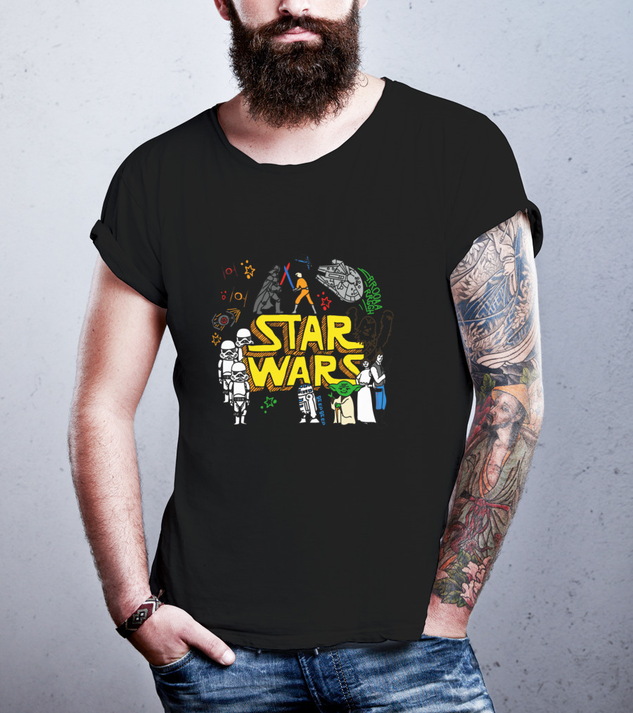Star Wars Colorful Multi Character Doodle Millennium Falcon Darth Vader Yoda R2-D2 Stormtroopers T-Shirt