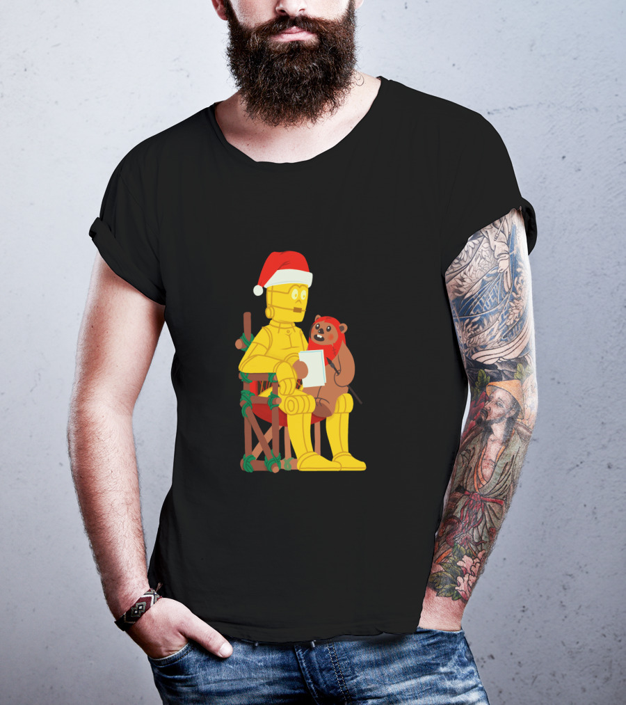 Star Wars Holiday Santa C 3PO And Ewok Christmas Chair Scene T-Shirt