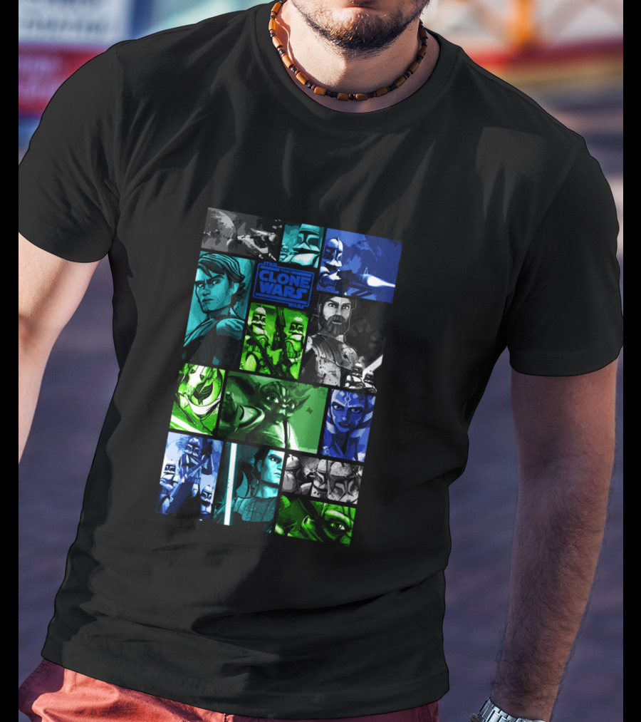 Star Wars The Clone Wars Character Montage Panels Featuring Iconic Heroes And Villains T-Shirt