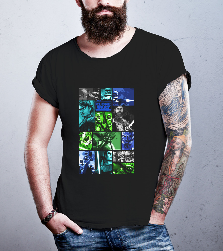 Star Wars The Clone Wars Character Montage Panels Featuring Iconic Heroes And Villains T-Shirt