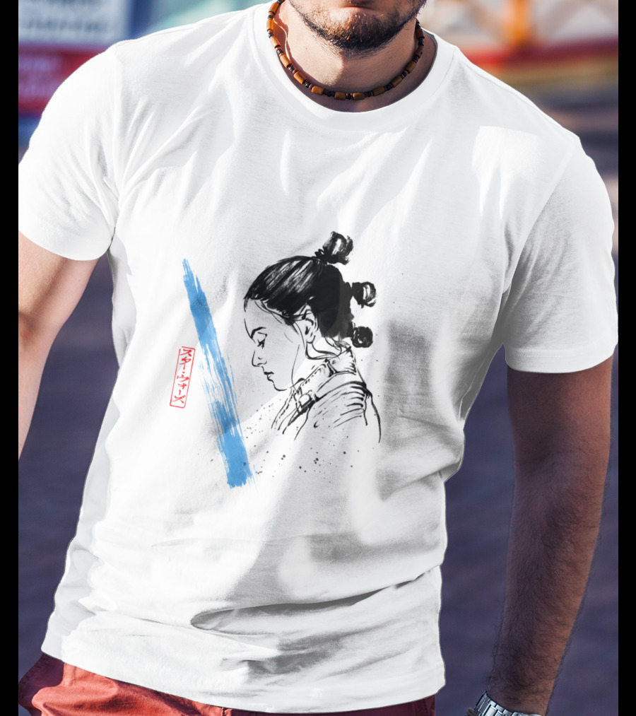 Star Wars The Last Jedi Rey Watercolor Sketch Profile With Blue Brushstroke And Red Kanji Markings T-Shirt