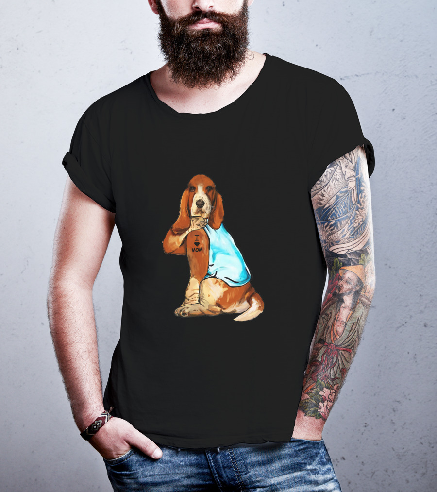 Basset Hound I Love Mom Tattoo Sitting T-Shirt
